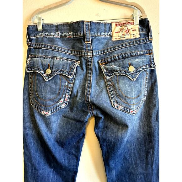 True Religion Skinny Flap Orange Stitch Jeans Mens 33 X 33 Red Distressed Thrash - Picture 6 of 16